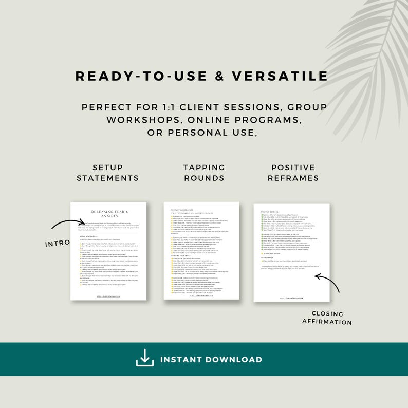 Example pages from the chakra EFT tapping bundle showing setup statements, tapping rounds, positive reframes and closing affirmation. Suitable for personal use, client sessions, workshops and online programmes.