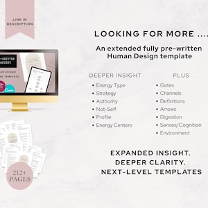 Image promoting the extended 212+ page Human Design template with deeper insight sections. Lists both basic and advanced topics including Gates, Channels, Definitions, Arrows, Digestion, Cognition, and Environment. Ideal for Etsy buyers seeking a premium, all-in-one Human Design report tool for deeper client readings.