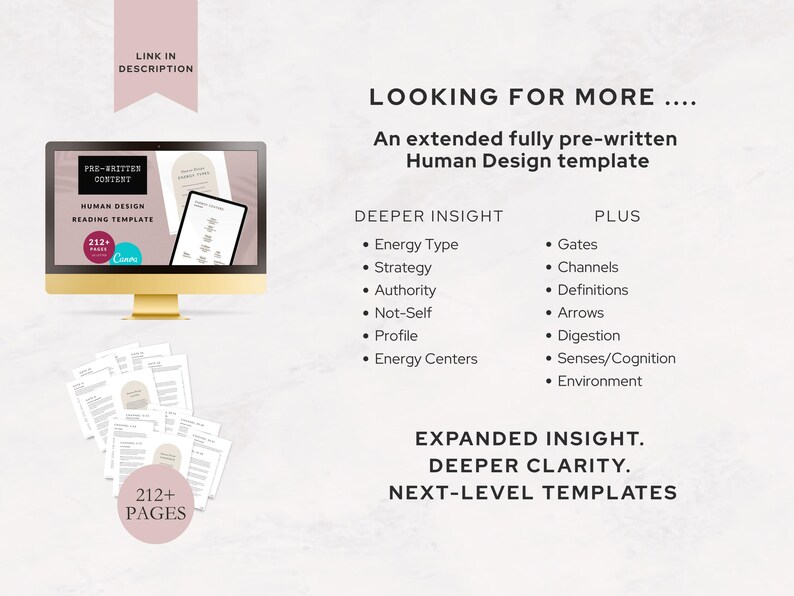 Image promoting the extended 212+ page Human Design template with deeper insight sections. Lists both basic and advanced topics including Gates, Channels, Definitions, Arrows, Digestion, Cognition, and Environment. Ideal for Etsy buyers seeking a premium, all-in-one Human Design report tool for deeper client readings.