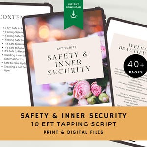 Puede incluir: Descarga digital con un guion de EFT titulado "Seguridad e Interior" con 10 guiones de tapping. La imagen muestra una tableta con el título, detalles florales y las palabras "Bienvenida, hermosa alma" con "40+ páginas."