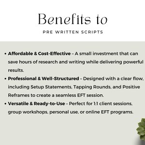 Outlines the top 3 benefits of using pre-written scripts: cost-effective, professionally structured, and versatile for personal or client use.