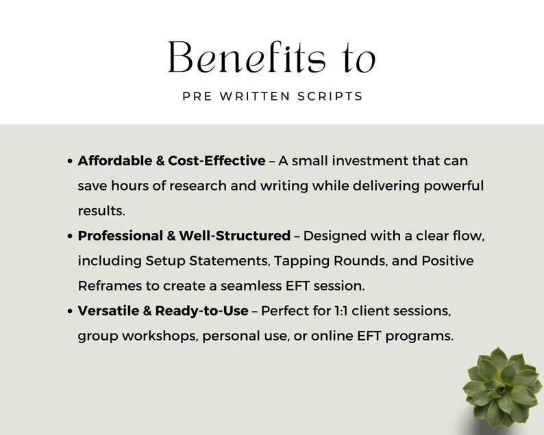 Outlines the top 3 benefits of using pre-written scripts: cost-effective, professionally structured, and versatile for personal or client use.