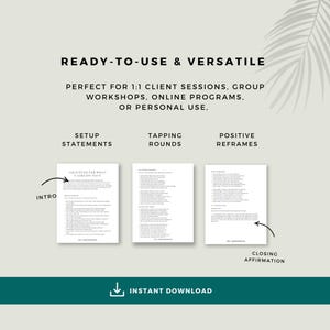 Example pages from the gratitude EFT tapping scripts showing setup statements, tapping rounds and positive reframes for personal use, client sessions, workshops and online programmes.