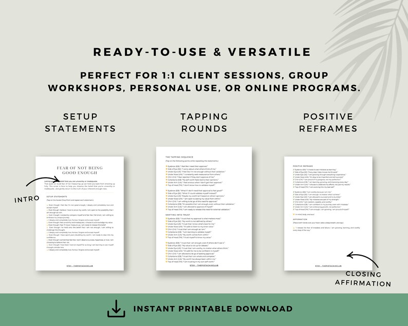 Breakdown of the script format: setup statements, tapping rounds, and positive reframes. Demonstrates clear structure for guided EFT practice. Includes visual previews of three formatted pages with section headings and color-coded bullet points.