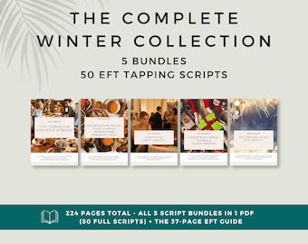 Op de afbeelding: De complete wintercollectie bevat 5 bundels en 50 EFT-tappingscripts. Vijf individuele covers tonen titels zoals Tap Through Holiday Stress, Thanksgiving Peace, Christmas Party Anxiety, Family & Close Friends en New Year's Eve Anxiety.
