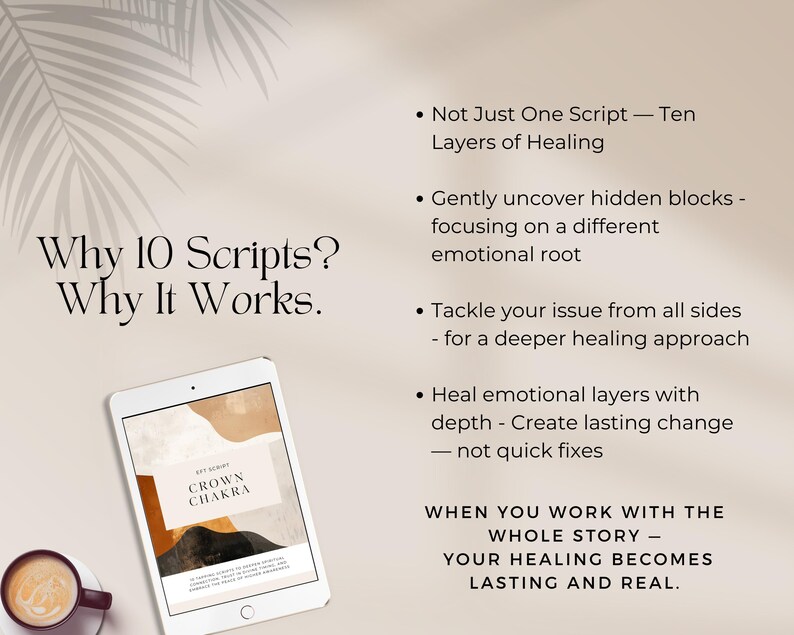Overview of the 40+ page PDF bundle. Includes 10 EFT scripts targeting various aspects of Crown Chakra healing: spiritual connection, divine guidance, sense of oneness, higher consciousness, surrender, and mental clarity. Each script comprises setup statements, tapping rounds, and positive reframes.