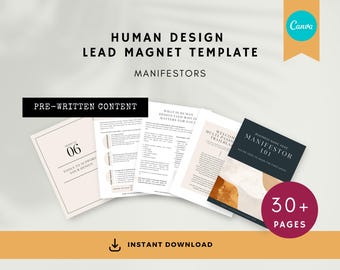 Op de afbeelding: Een stapel gedrukte documenten met de tekst "HUMAN DESIGN LEAD MAGNET TEMPLATE" en "MANIFESTORS". De documenten bevatten de tekst "PRE-WRITTEN CONTENT", "TOOLS TO SUPPORT YOUR DESIGN" en "MANIFESTOR 101". De afbeelding bevat ook een Canva-logo en de woorden "INSTANT DOWNLOAD" en "30+ PAGES".