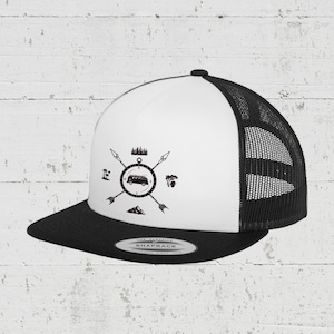 May include: A white and black trucker hat with a black mesh back. The front of the hat features a black and white graphic of a compass with arrows, a van, and mountains. The text "THE CLASSICS SNAPBACK" is printed on the underside of the hat.
