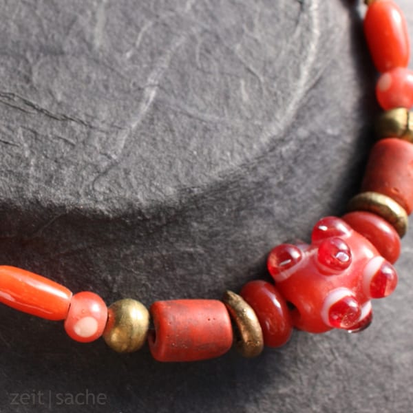 Glass Bead Necklace Celtic Fantasy Red Handmade Pearls on Leather Strap Children's Jewelry Celtic Necklace with Eye Bead for Girls SCA