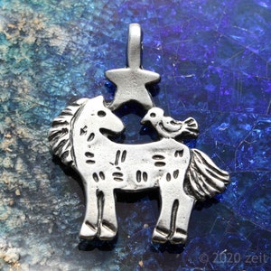 Horse pendant with bird & star horse pendant bird necklace horse jewelry horse motif fairy tale gift fairy tale jewelry western necklace image 1
