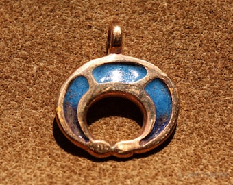 Roman Lunula pendant from Lahr made of bronze, delicate blue enamelled moon pendant, replica antique protective amulet, moon goddess Luna crescent moon