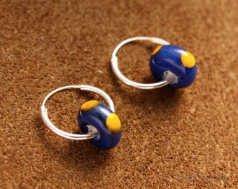 Silver hoop earrings blue with yellow dots 14 mm handmade glass beads sterling silver early Middle Ages LARP