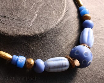 Glass bead necklace Celtic fantasy pigeon blue handmade beads on leather cord Celtic necklace with eye bead Children's jewelry for girls