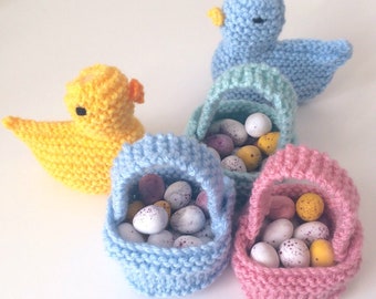 Handmade Set of 3 Mini Easter Baskets and 2 Easter Chicks.