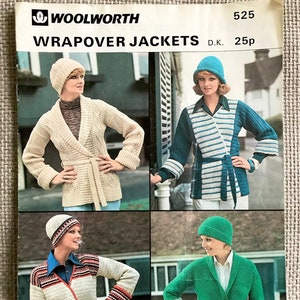 May include: A pattern booklet for crocheting wrap-over jackets. The booklet features four different designs, each with a different color scheme and pattern. The booklet is titled "Woolworth Wrapover Jackets" and has a price of 25p.