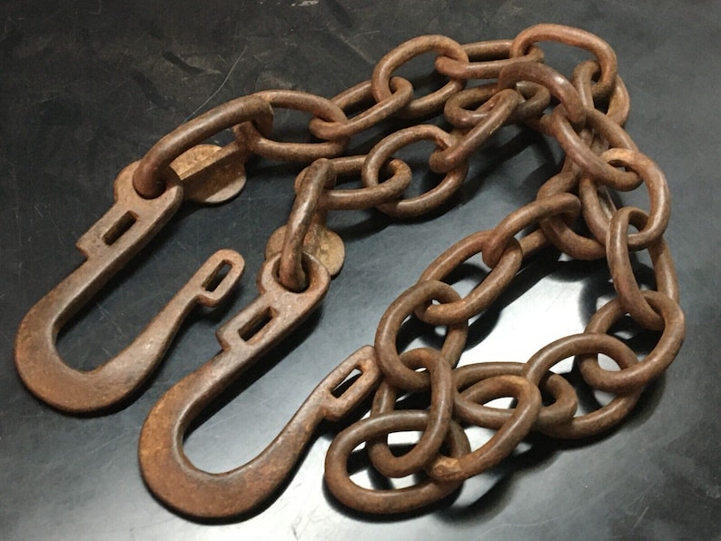 Old Vintage Hand Carved Rustic Iron Solid Rare Hanging Chain Two Hooks ...