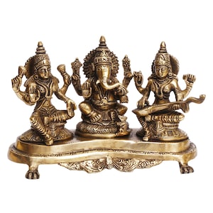 Brass Handmade Hindu Gods Laxmi Ganesha Saraswati Statue Idol Figurine Sculpture Home Decor