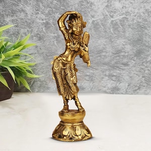 Brass Handmade Lady Looking Mirror Apsara Statue Idol Figurine Sculpture Home Decor