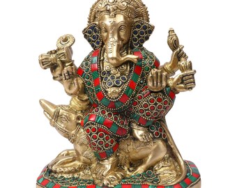 Estatua de latón del Señor Ganesha hecha a mano: ídolo hindú con detalles coloridos