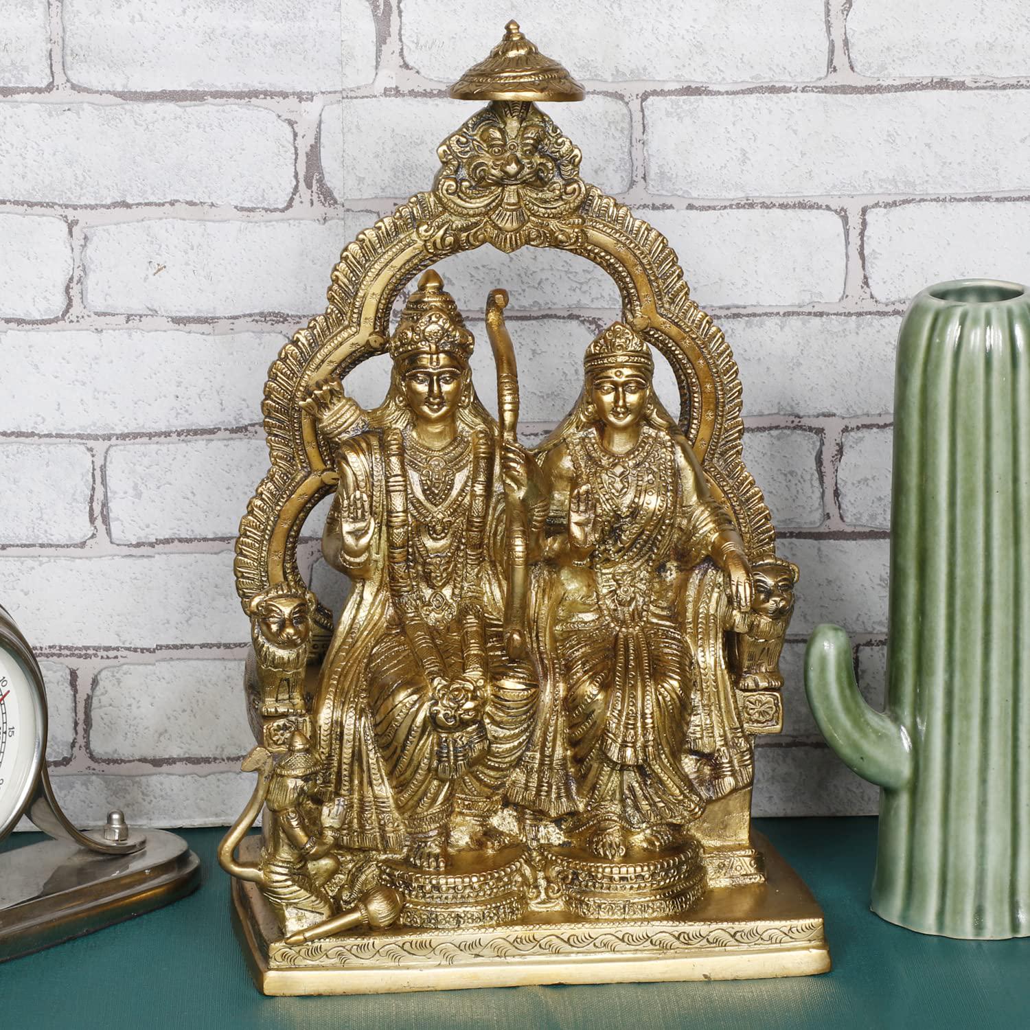 Brass Lord Siyaram Sita Ram Idol on Lion Throne, Hanuman Figurine