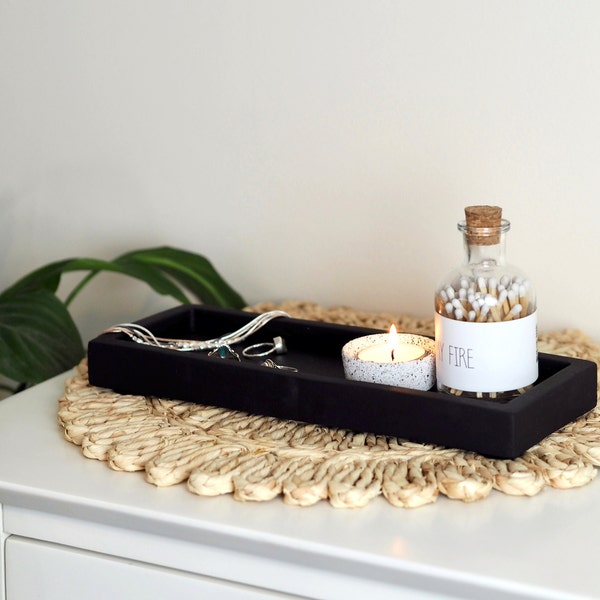 Matte black concrete rectangle tray, a long decorative home styling tray for pillar candles and reed diffusers, handmade coffee table tray