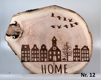 XL Tree disc red oak 34 cm HOME door sign with row of houses door decoration gift to move into the house apartment