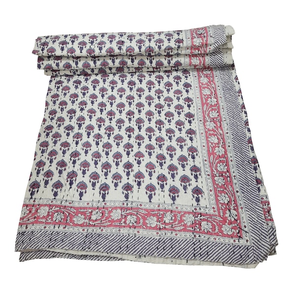 Hand Block Kantha Quilt, Bedspread, Bedding Throw, Blanket Quilt