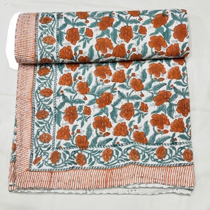 Indian Kantha Quilt Block Printed Kantha Blanket Cotton Kantha Bedspread Handmade Kantha Orange Quilt Throw Indian Print Summer Bedspreads