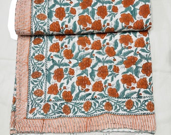 Indian Kantha Quilt Block Printed Kantha Blanket Cotton Kantha Bedspread Handmade Kantha Orange Quilt Throw Indian Print Summer Bedspreads