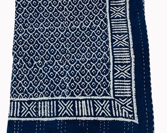 Indigo Kantha Quilt Handmade Throw Hand Block Indigo Print Hand Stitched Indigo Cotton Blnaket Kantha Bedspread Reversible Quilt Bedcover