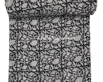Black Floral Hand Block Print Cotton Kantha Quilt, King Size BedspreadFloral Print Bedspread Throw