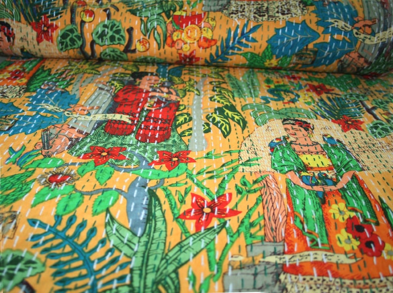 Mexican Queen farida Kahlo Print Handmade Kantha Quilt Bedspread Bedding Blanket Throw Kantha Bohemian Boho Quilt Home Living DecorArt King
