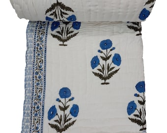 Katoenen quilt met Indiase bloemenhandblokprint - Omkeerbare quilt met Jaipuri Rajai-handafdruk
