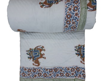 Kantha-quilt met blokprint olifant, omkeerbaar katoenen beddengoed quilt met handafdruk