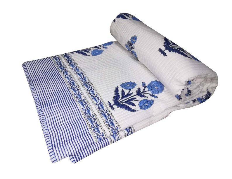 Handmade Vintage Blue Floral Kantha Quilt Throw Cotton Blanket Bedspread Gudari