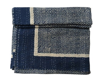 Indigo Kantha Quilt: Queen Size, Vintage Indian Hand Block PrintFloral Print Bedspread Throw
