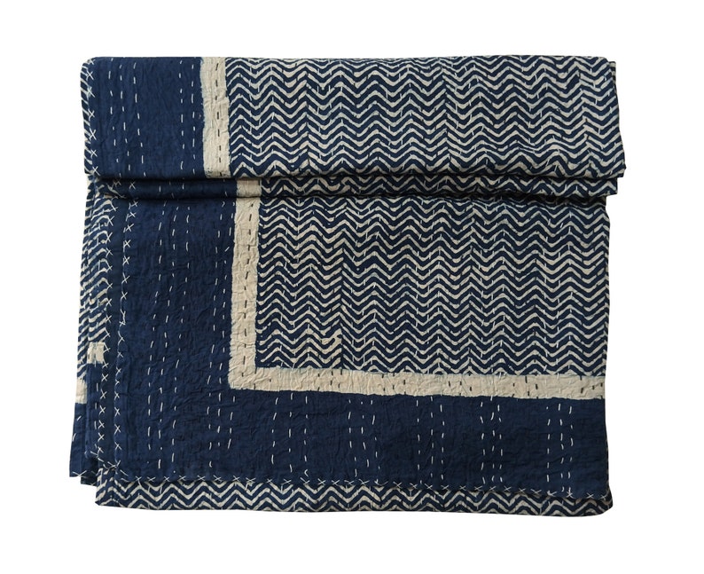 Indian Vintage Hand Block Kantha Quilt ZigZig Line Print Queen Blue Indigo Cotton Kantha Quilt Bedspread Throw Gudari