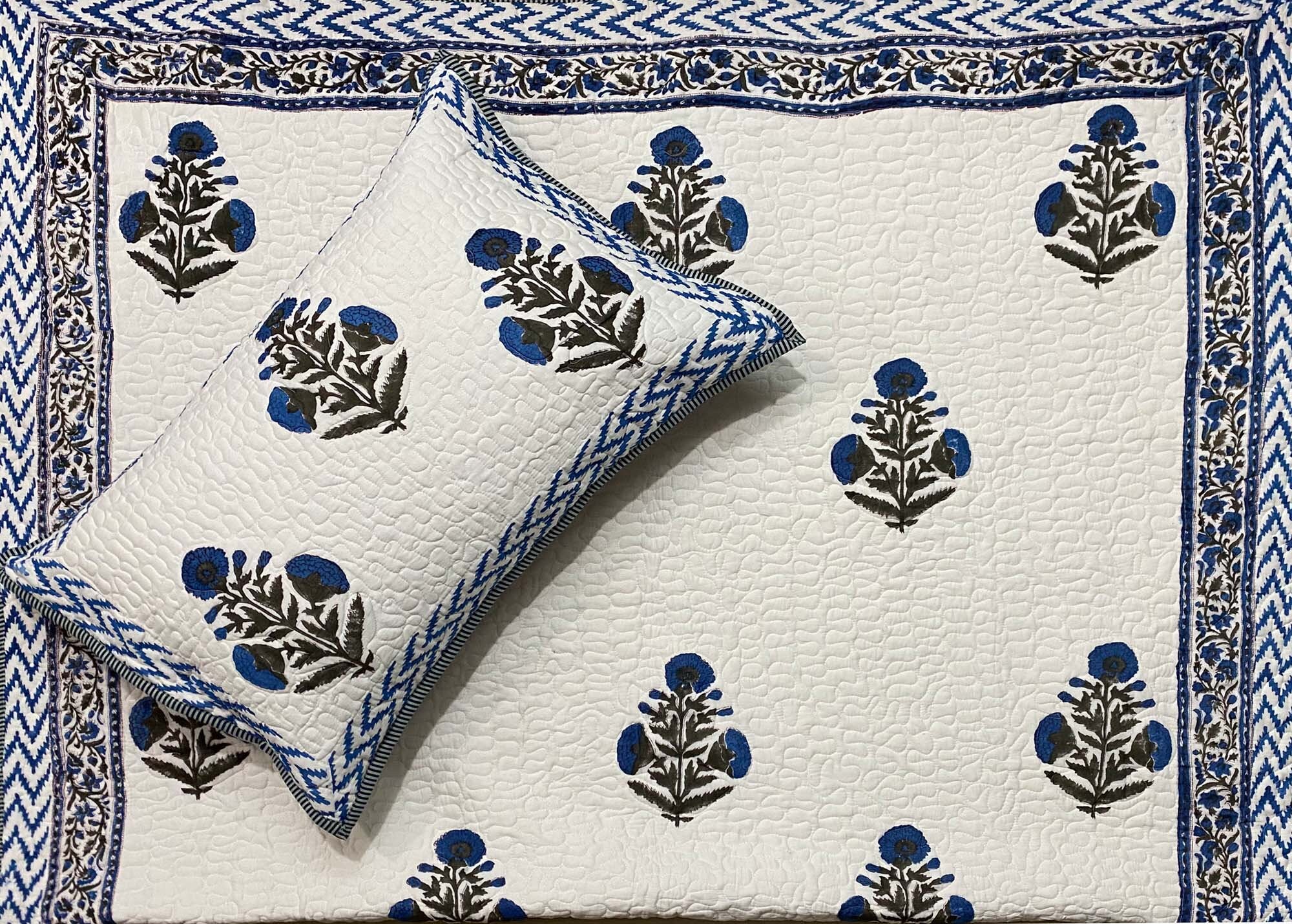 Edredón con estampado de bloques azules a mano, cubrecama Kantha de primera calidad, manta Kantha, Jaipuri Razai, edredón reversible floral