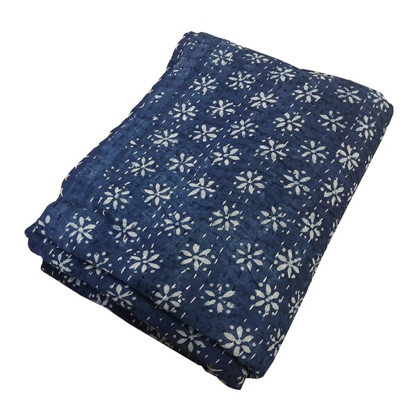 Indigo Cotton Kantha Indian Quilts Throw Bedspread Handmade Bedding Blanket Hippie King/Twing Size Floral Coverlet Boho Hand Quilts