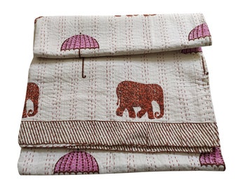 Elephant Hand Block Print Kantha Quilt: Cotton Bedspread Blanket (90x108 inch)Floral Print Bedspread Throw