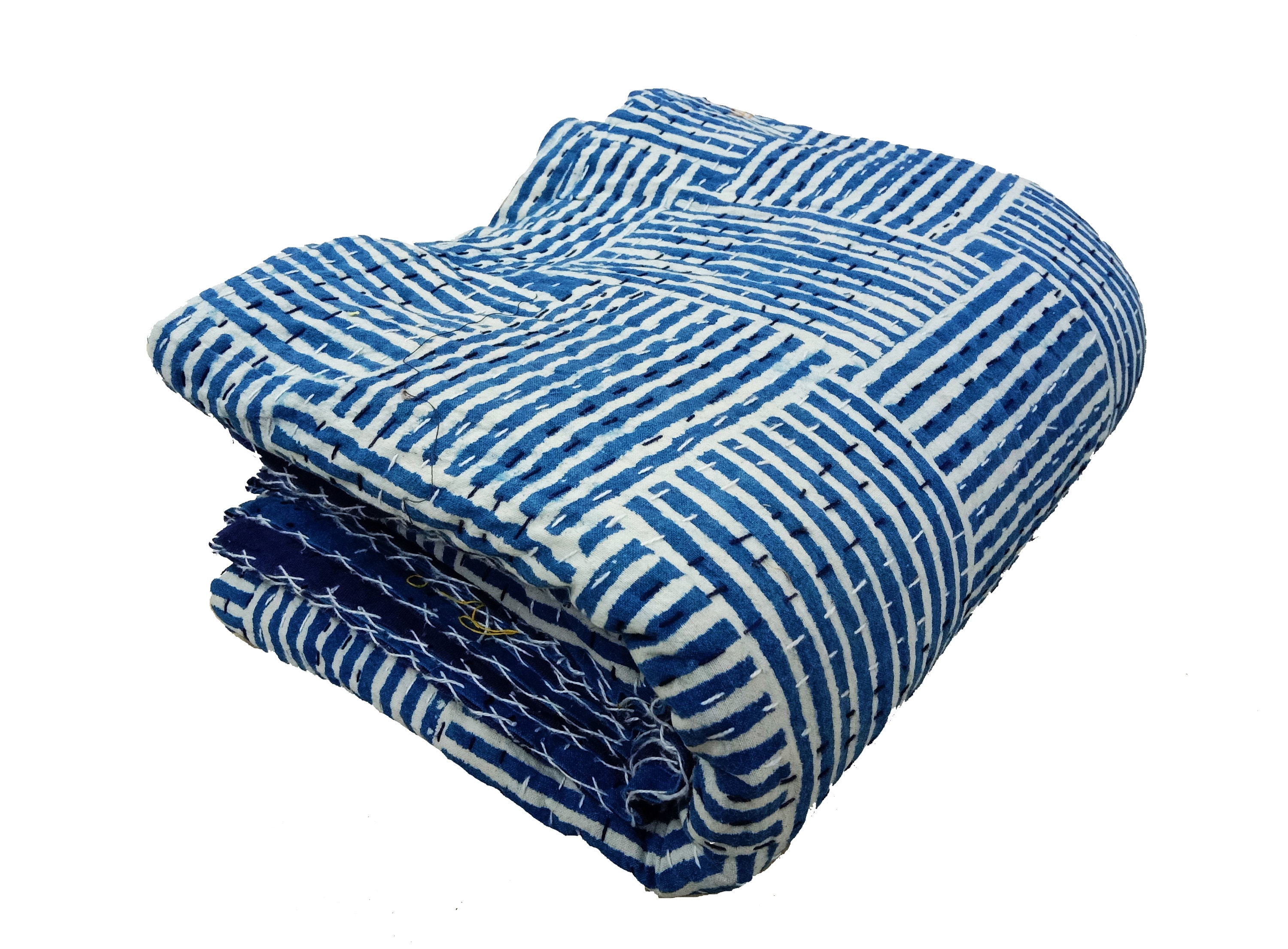 Indigo Blue Handblock Zigzag Print Handmade Kantha Throw Etsy