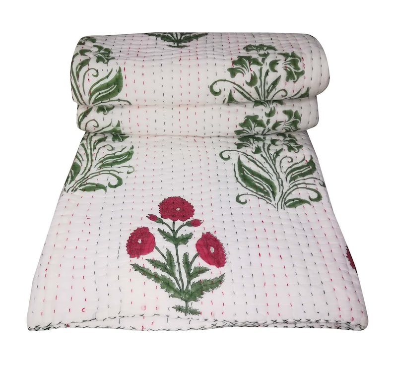 Indian Hand Block Print Cotton Kantha Quilt Rose Florwer Kantha Blanket Throw Kantha Bedding Home Decor Sofa Cover Soft Kantha Quilt 90x108