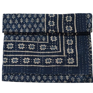 Handmade Indigo Kantha Quilt Indian Cotton King BedspreadFloral Print Bedspread Throw