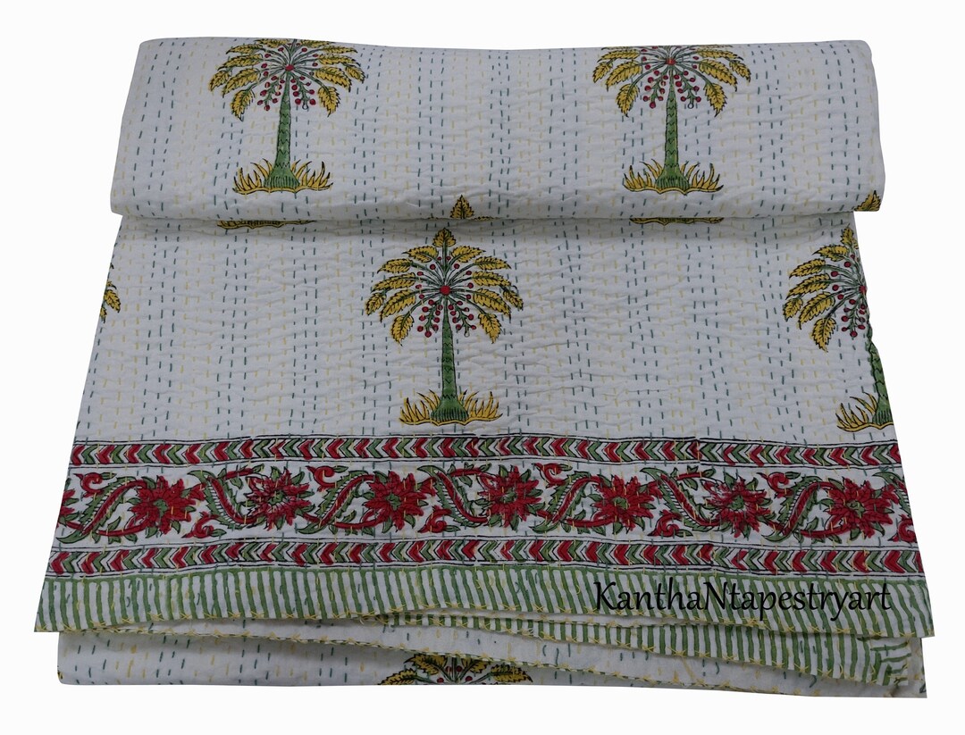 Indian Kantha Quilt Palm Tree Block Printed Kantha Blnket Etsy