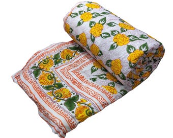 Handgeblokte katoenen quilt: omkeerbare sprei met bloemenprint