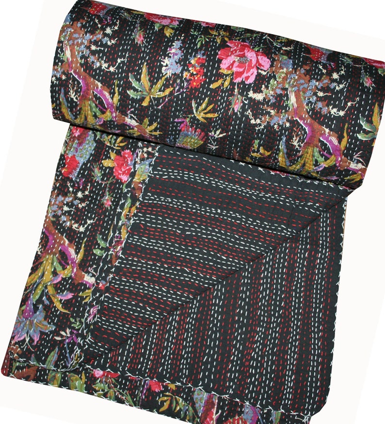Black Bird Printed Kantha Quilt Cotton Handmade Kantha Etsy