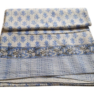 Block print kantha quilt, handmade bed cover, cotton sheet, bedding throw, kantha blnaket