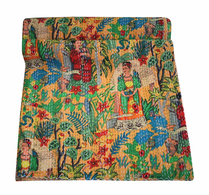 Mexican Queen farida Kahlo Print Handmade Kantha Quilt Bedspread Bedding Blanket Throw Kantha Bohemian Boho Quilt Home Living DecorArt King