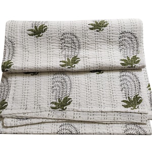 Handmade Indian Kantha Quilt: Green Floral Block Print, King SizeFloral Print Bedspread Throw