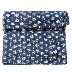 Indigo Floral Kantha Quilt: Cotton Indian Throw, King/Twin SizeFloral Print Bedspread Throw